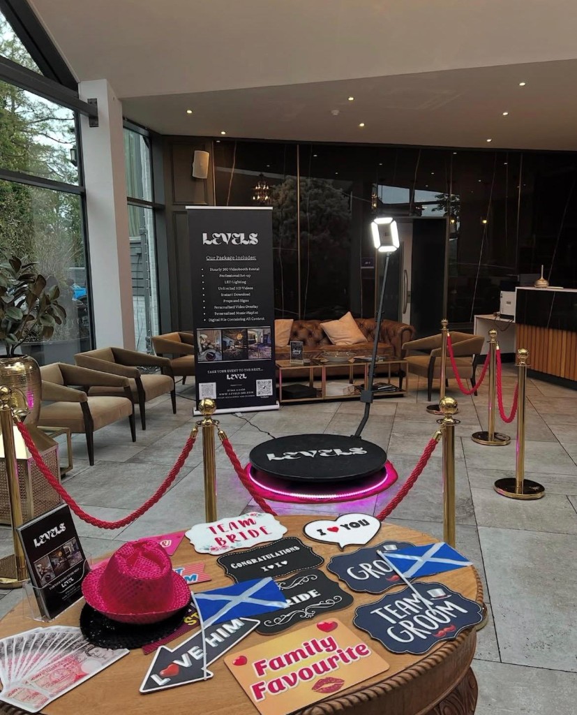 360 Video Booth setup with props and branding