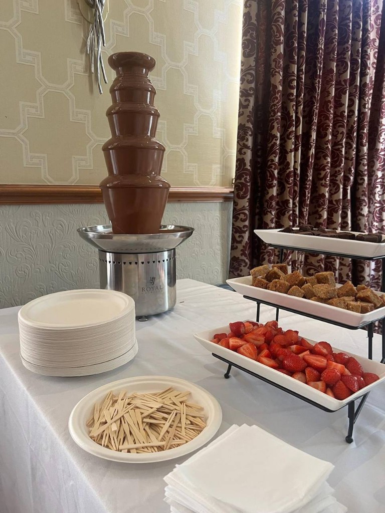 Dark chocolate fountain with brownies, cake cubes, and strawberries